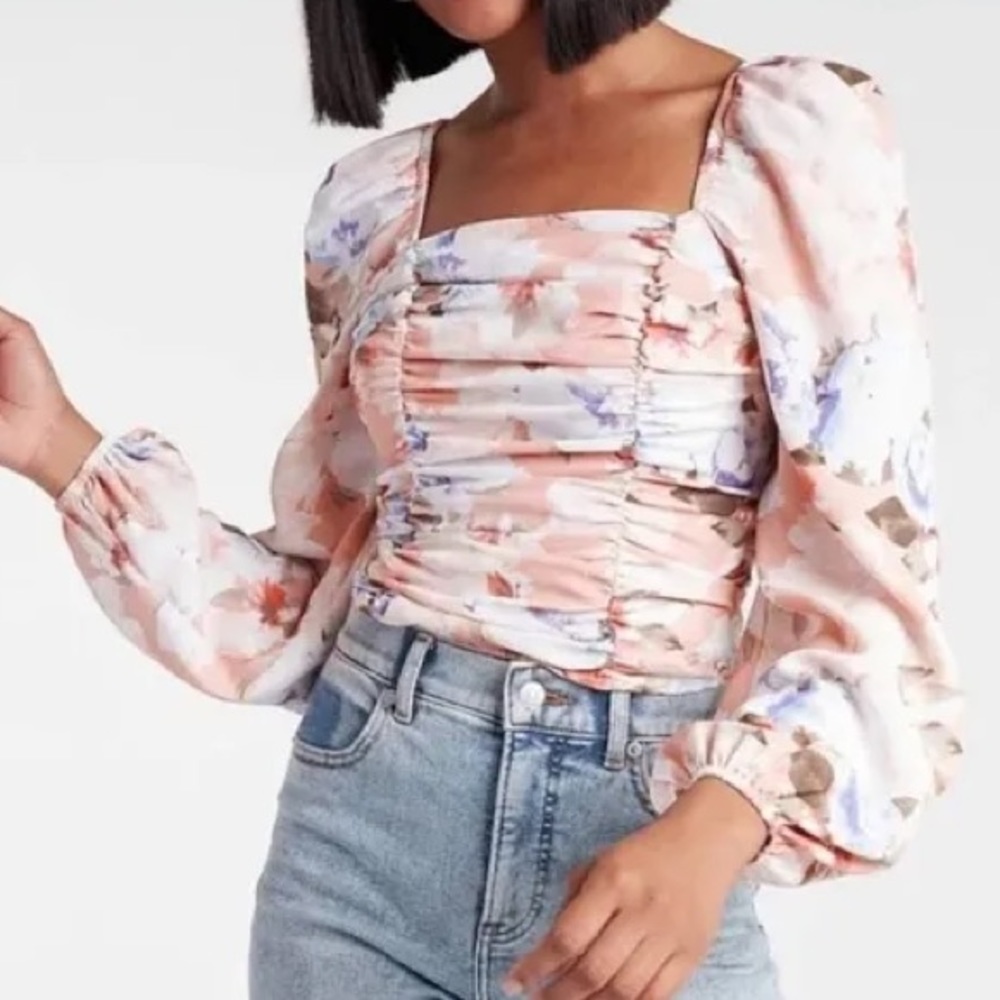 Floral Print Square Neck Ruched Front Top XS NWT